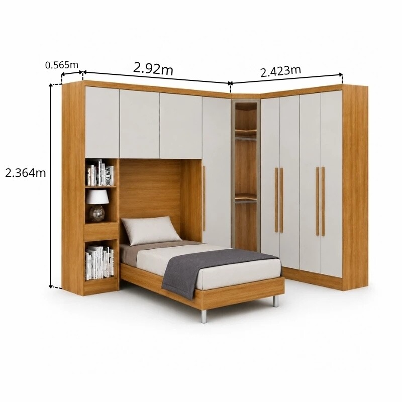 Modulado Solteiro Cumaru/Fendi Fosco 1 Roupeiro Rizon 4 Pts + 1 Criado Rizon + 1 Canto Oblíquo Rizon C/Porta de Vidro + 1 Modulado Rizon 1 Porta + 1 Aéreo 2 portas Rizon - Novo Horizonte - Imagem 2