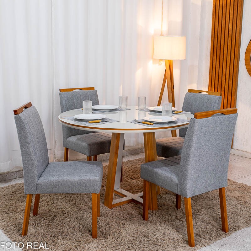 Mesa de Jantar Atlanta Redonda 120cm Vidro Off/Base Madeira - Minas Plac + 4 Cad. Isabela Linho Cinza 05 Madeira KM Decor - Entregue Montada