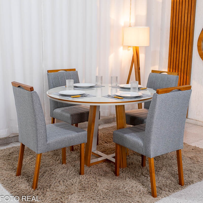 Mesa de Jantar Atlanta Redonda 120cm Vidro Off/Base Madeira - Minas Plac + 4 Cad. Isabela Linho Cinza 05 Madeira KM Decor - Entregue Montada - Imagem 3