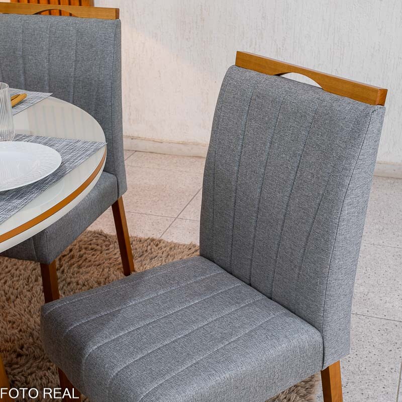 Mesa de Jantar Atlanta Redonda 120cm Vidro Off/Base Madeira - Minas Plac + 4 Cad. Isabela Linho Cinza 05 Madeira KM Decor - Entregue Montada - Imagem 4