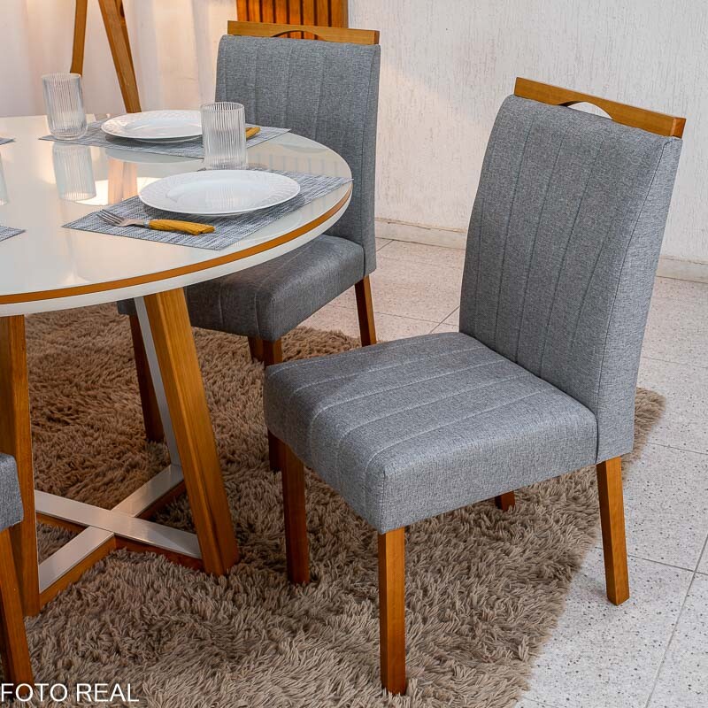 Mesa de Jantar Atlanta Redonda 120cm Vidro Off/Base Madeira - Minas Plac + 4 Cad. Isabela Linho Cinza 05 Madeira KM Decor - Entregue Montada - Imagem 5