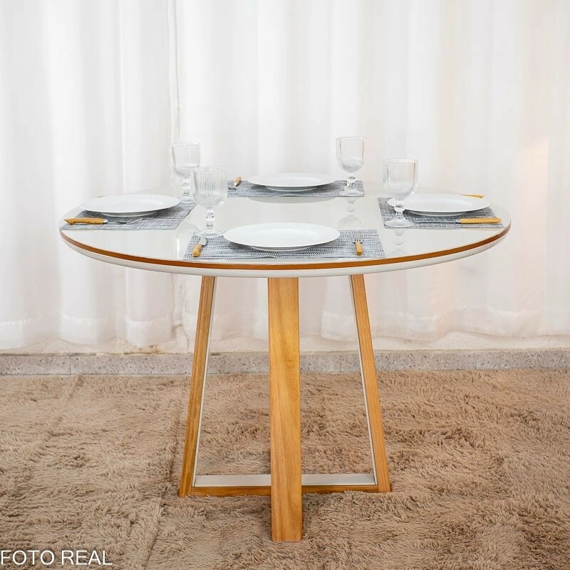 Mesa de Jantar Atlanta Redonda 120cm Vidro Off/Base Madeira - Minas Plac + 4 Cad. Isabela Linho Cinza 05 Madeira KM Decor - Entregue Montada - Imagem 6