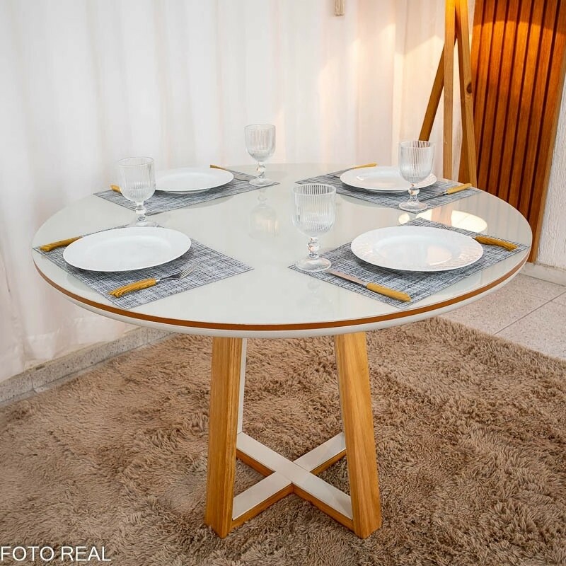 Mesa de Jantar Atlanta Redonda 120cm Vidro Off/Base Madeira - Minas Plac + 4 Cad. Isabela Linho Cinza 05 Madeira KM Decor - Entregue Montada - Imagem 7