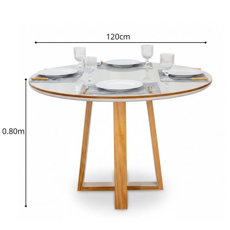 Mesa de Jantar Atlanta Redonda 120cm Vidro Off/Base Madeira - Minas Plac + 4 Cad. Isabela Linho Cinza 05 Madeira KM Decor - Entregue Montada - Imagem 8