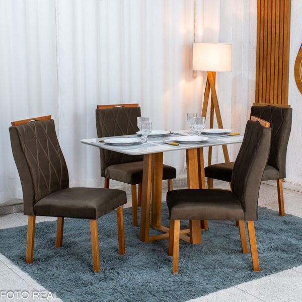 Mesa de Jantar Pedro 120x80 Vidro Off/Base Madeira + 4 Cad. Lisboa Veludo Marrom 509 Madeira Art Assento - Entregue Montada